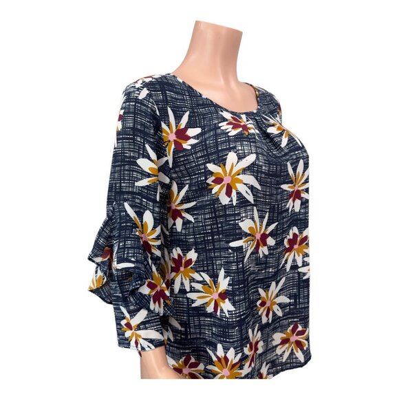 VAN HEUSEN Women SZ M Navy Blue Floral Basic Casual Top Blouse Ruffle 3/4 sleeve - Picture 9 of 16